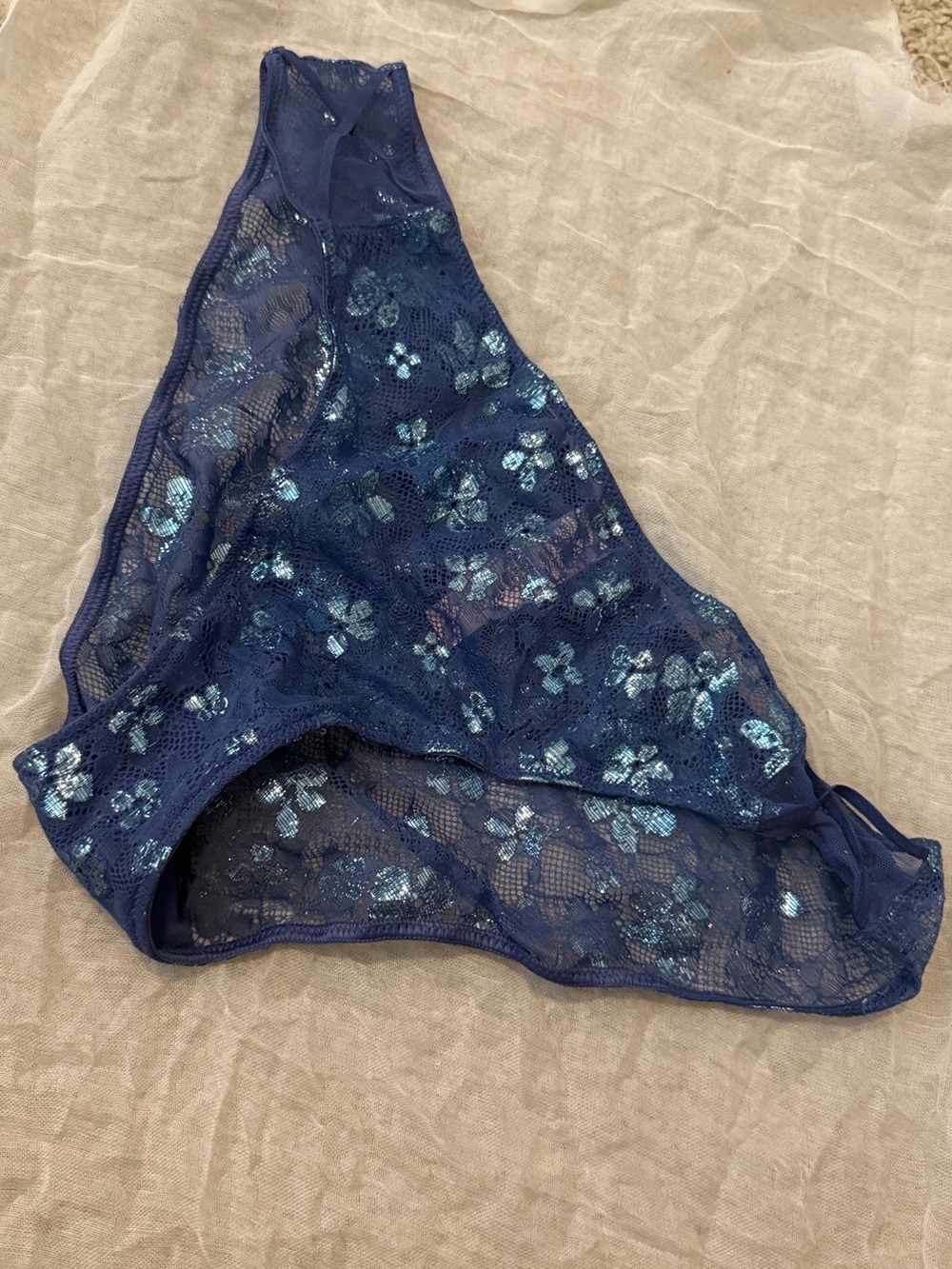 Victoria's Secret Dream Angels Metallic Blue Navy Floral Sheer Lace Bikini Panty